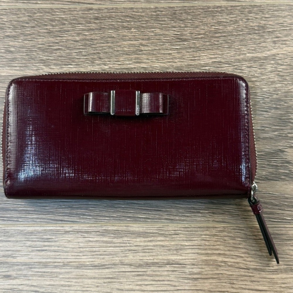 Coach Darcy Burgundy Red Zip Close Leather Accordion Wallet Bow Accent
